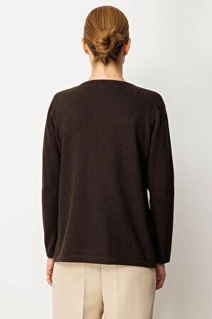 Desen Triko Kadın Sıfır Yaka Yaka Kenarı İşlemeli Yün Bluz 25036 Koyu Kahve