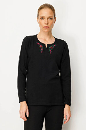 Desen Triko Kadın Sıfır Yaka Yaka Kenarı İşlemeli Yün Bluz 25036 Siyah