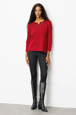 Desen Triko Kadın Sıfır Yaka Yaka Kenarı İşlemeli Yün Bluz 25036 Vişne Çürüğü