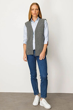 Desen Triko Kadın V Yaka Çelik Örgü Yün Anne Yelek 25044 Füme