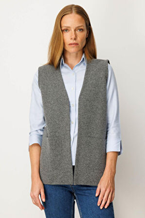 Desen Triko Kadın V Yaka Çelik Örgü Yün Anne Yelek 25044 Füme