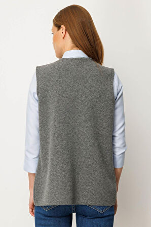 Desen Triko Kadın V Yaka Çelik Örgü Yün Anne Yelek 25044 Füme