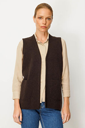 Desen Triko Kadın V Yaka Çelik Örgü Yün Anne Yelek 25044 Koyu Kahve