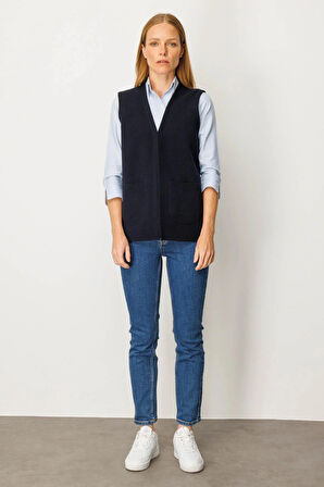 Desen Triko Kadın V Yaka Çelik Örgü Yün Anne Yelek 25044 Koyu Lacivert