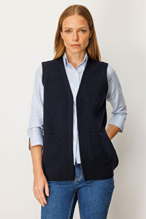 Desen Triko Kadın V Yaka Çelik Örgü Yün Anne Yelek 25044 Koyu Lacivert