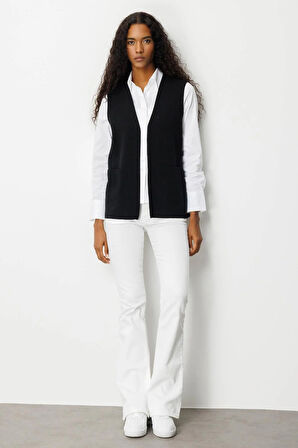 Desen Triko Kadın V Yaka Çelik Örgü Yün Anne Yelek 25044 Siyah