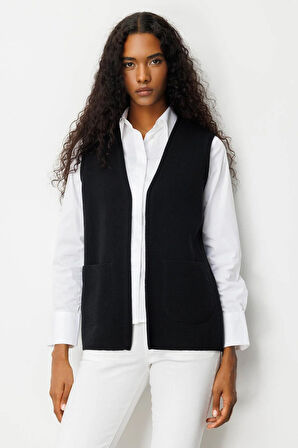 Desen Triko Kadın V Yaka Çelik Örgü Yün Anne Yelek 25044 Siyah