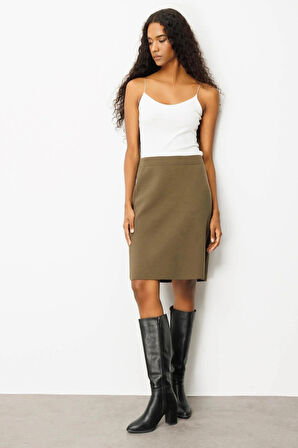 Desen Triko Kadın Düz Basic Etek 25066 Haki