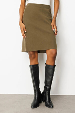 Desen Triko Kadın Düz Basic Etek 25066 Haki