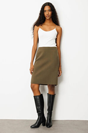 Desen Triko Kadın Düz Basic Etek 25066 Haki