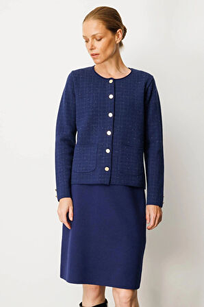 Desen Triko Kadın Kareli Simli Ceket 25065 Lacivert