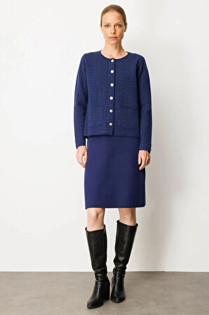 Desen Triko Kadın Kareli Simli Ceket 25065 Lacivert