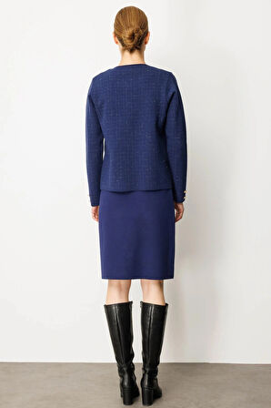 Desen Triko Kadın Kareli Simli Ceket 25065 Lacivert