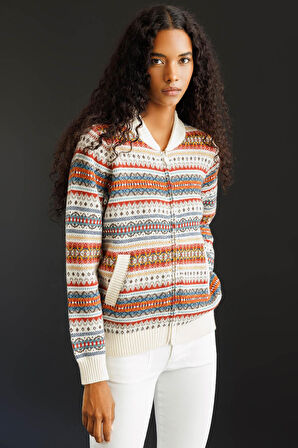 Desen Triko Kadın Hakim Yaka Jakarlı Yün Hırka 25102 Kemik