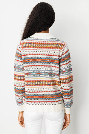 Desen Triko Kadın Hakim Yaka Jakarlı Yün Hırka 25102 Kemik