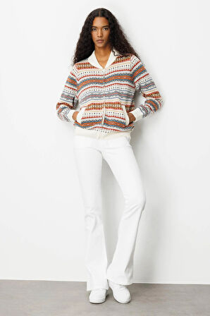 Desen Triko Kadın Hakim Yaka Jakarlı Yün Hırka 25102 Kemik