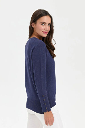 Desen Triko Kadın Sıfır Yaka Önü Kısa Arkası Uzun Bluz 23331 Indigo