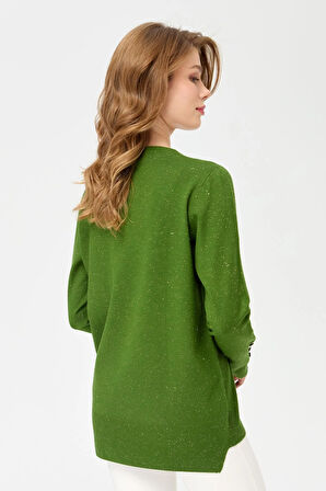 Desen Triko Kadın Sıfır Yaka Önü Kısa Arkası Uzun Bluz 23331 K.Yosun