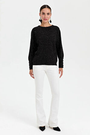 Desen Triko Kadın Sıfır Yaka Önü Kısa Arkası Uzun Bluz 23331 Siyah