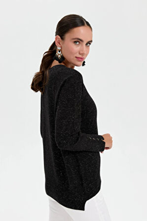 Desen Triko Kadın Sıfır Yaka Önü Kısa Arkası Uzun Bluz 23331 Siyah