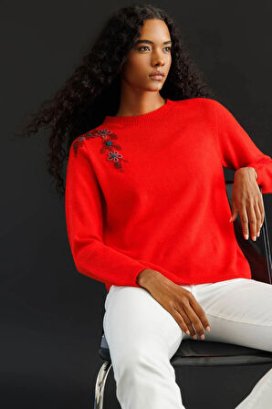 Desen Triko Kadın Sıfır Yaka Omzu İşlemeli Yün Kazak 25204 Mercan