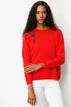 Desen Triko Kadın Sıfır Yaka Omzu İşlemeli Yün Kazak 25204 Mercan