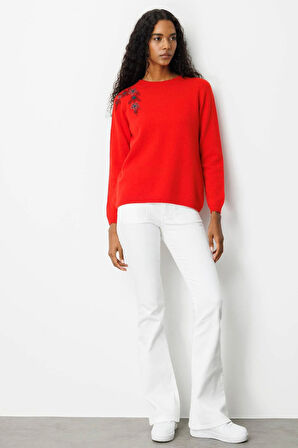 Desen Triko Kadın Sıfır Yaka Omzu İşlemeli Yün Kazak 25204 Mercan