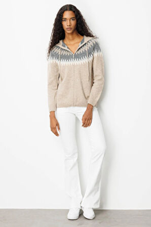 Desen Triko Kadın Kapüşonlu Robası Baklavalı Hırka 25230 K. Bej