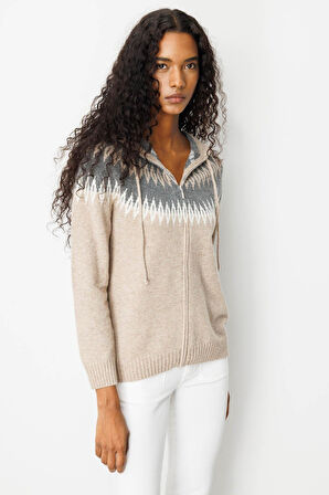 Desen Triko Kadın Kapüşonlu Robası Baklavalı Hırka 25230 K. Bej