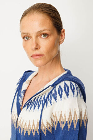 Desen Triko Kadın Kapüşonlu Robası Baklavalı Hırka 25230 Mavi