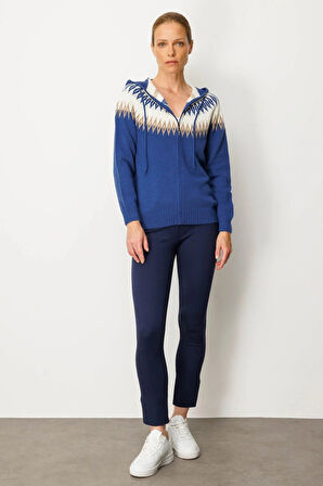 Desen Triko Kadın Kapüşonlu Robası Baklavalı Hırka 25230 Mavi