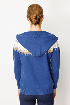 Desen Triko Kadın Kapüşonlu Robası Baklavalı Hırka 25230 Mavi