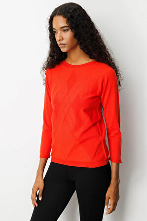 Desen Triko Kadın Önü Baklavalı Yan Örgü Kazak 25254 Mercan