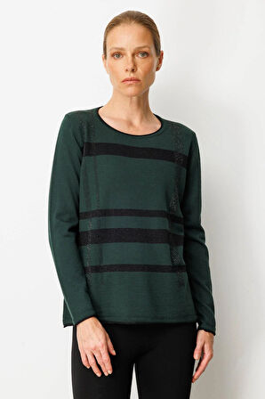 Desen Triko Kadın Sıfır Yaka Sim Çizgili Taşlı Yün Bluz 25026 Yeşil