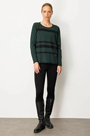 Desen Triko Kadın Sıfır Yaka Sim Çizgili Taşlı Yün Bluz 25026 Yeşil