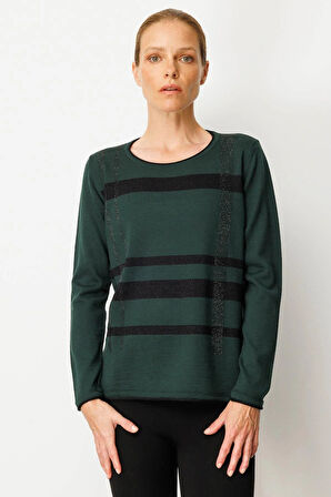 Desen Triko Kadın Sıfır Yaka Sim Çizgili Taşlı Yün Bluz 25026 Yeşil