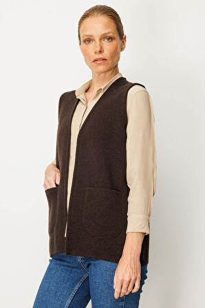 Desen Triko Kadın V Yaka Çelik Örgü Yün Anne Yelek 25044 Koyu Kahve