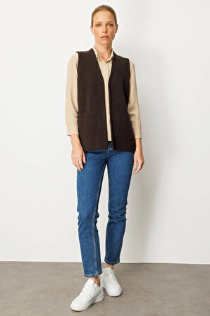 Desen Triko Kadın V Yaka Çelik Örgü Yün Anne Yelek 25044 Koyu Kahve