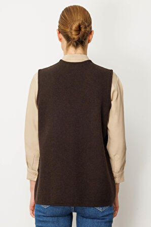 Desen Triko Kadın V Yaka Çelik Örgü Yün Anne Yelek 25044 Koyu Kahve