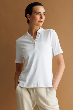 Desen Triko Kadın Polo Yaka İğne İşlemeli Pamuklu Penye T-Shirt 26802 Beyaz