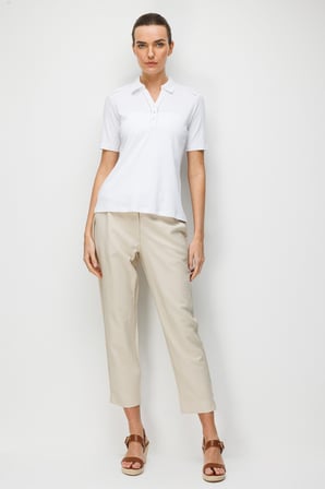 Desen Triko Kadın Polo Yaka İğne İşlemeli Pamuklu Penye T-Shirt 26802 Beyaz