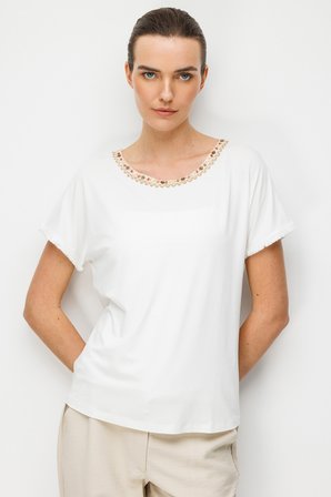 Desen Triko Kadın Sıfır Yaka Yakası Hasır Aksesuarlı Penye T-Shirt 26819 Ekru