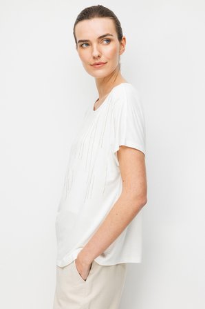 Desen Triko Kadın Sıfır Yaka Su Yolu Taşlı Düşük Kollu Penye T-Shirt 26833 Beyaz