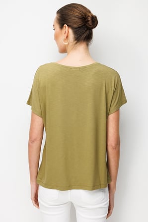 Desen Triko Kadın Sıfır Yaka Su Yolu Taşlı Düşük Kollu Penye T-Shirt 26833 Haki