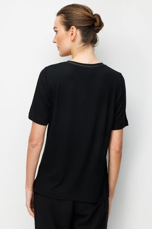 Desen Triko Kadın V Yaka Cebi Saten Şeritli Penye T-Shirt 26828 Siyah