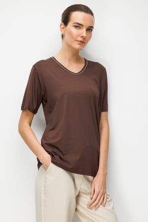 Desen Triko Kadın V Yaka Yaka Kenarı Zincirli Penye T-Shirt 26707 Kahverengi