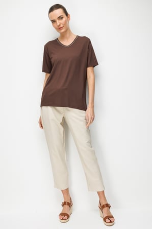 Desen Triko Kadın V Yaka Yaka Kenarı Zincirli Penye T-Shirt 26707 Kahverengi