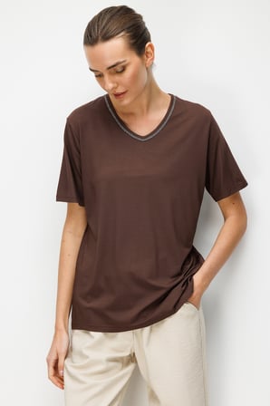 Desen Triko Kadın V Yaka Yaka Kenarı Zincirli Penye T-Shirt 26707 Kahverengi