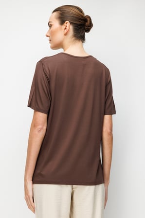Desen Triko Kadın V Yaka Yaka Kenarı Zincirli Penye T-Shirt 26707 Kahverengi