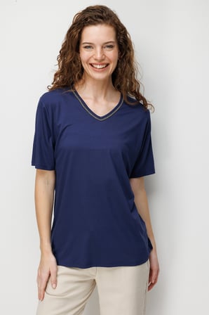 Desen Triko Kadın V Yaka Yaka Kenarı Zincirli Penye T-Shirt 26707 Lacivert